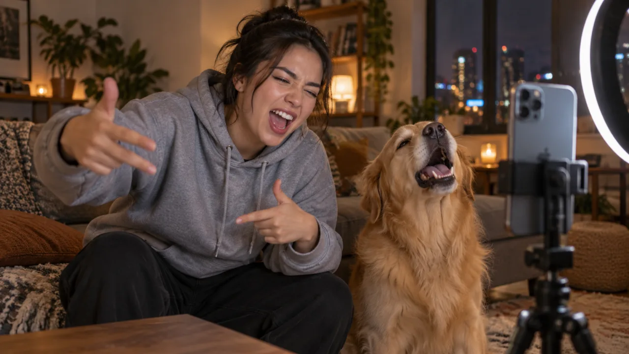 AI-generated illustration: a woman in a grey hoodie sits on a sofa and points at the camera with both hands, mouth open, while a golden retriever beside her tilts its head back with its mouth open, a phone on a tripod and a ring light to the right