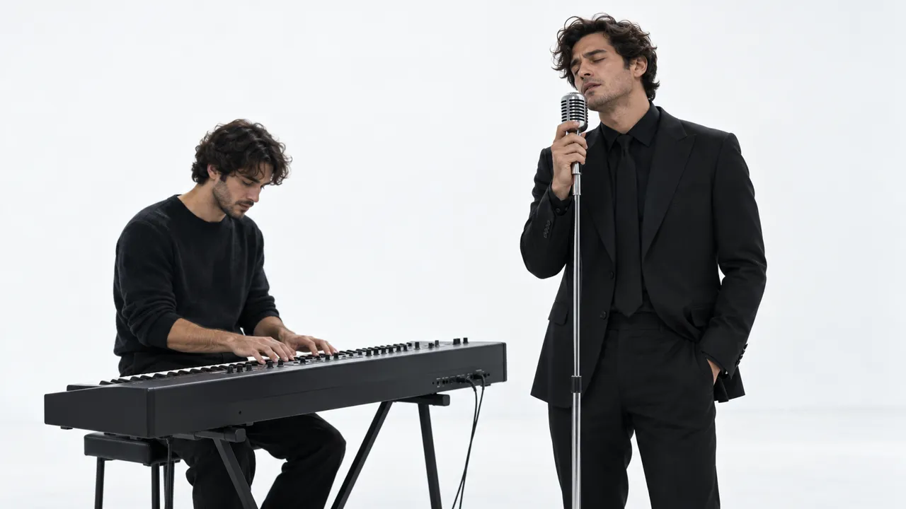 AI-generated illustration: in a bright white studio, a man in a black sweater plays a keyboard while a man in a black suit sings into a vintage microphone beside him