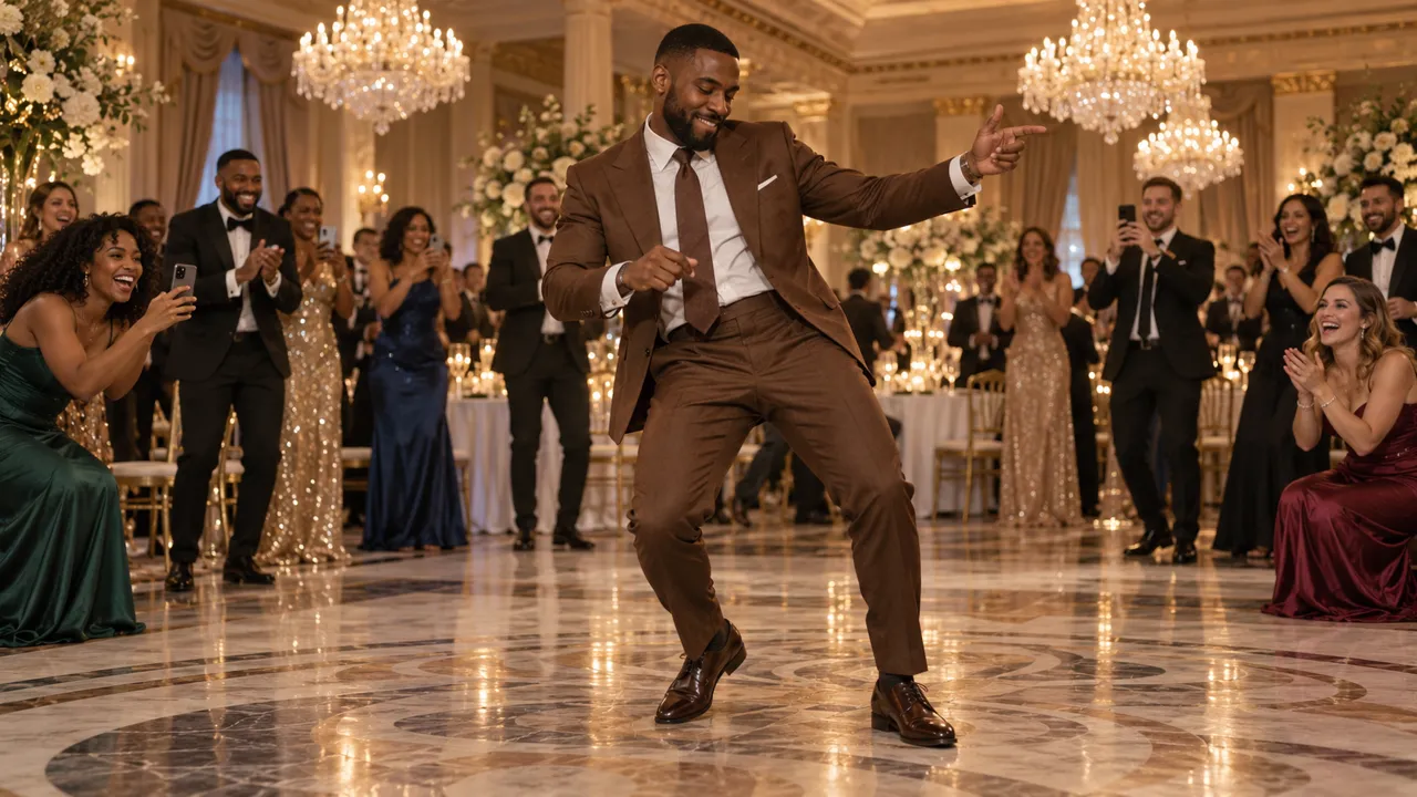 AI-generated illustration: a man in a brown suit dances in the middle of a chandelier-lit banquet hall while guests around him clap, cheer and film