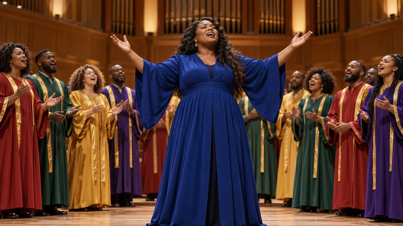 AI-generated illustration: a lead singer in a deep blue robe raises her arms at the center of a choir in mixed colours on a stage
