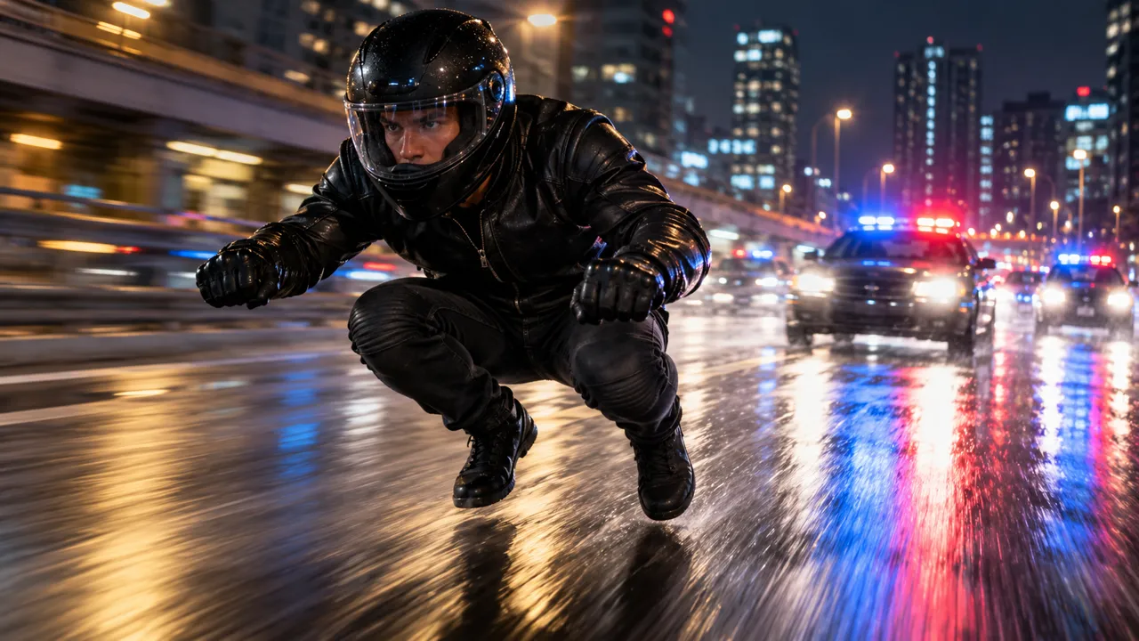 AI-generated illustration: a rider in a black helmet and leather suit crouches as if on an invisible motorbike, speeding down a wet city road at night with police lights behind