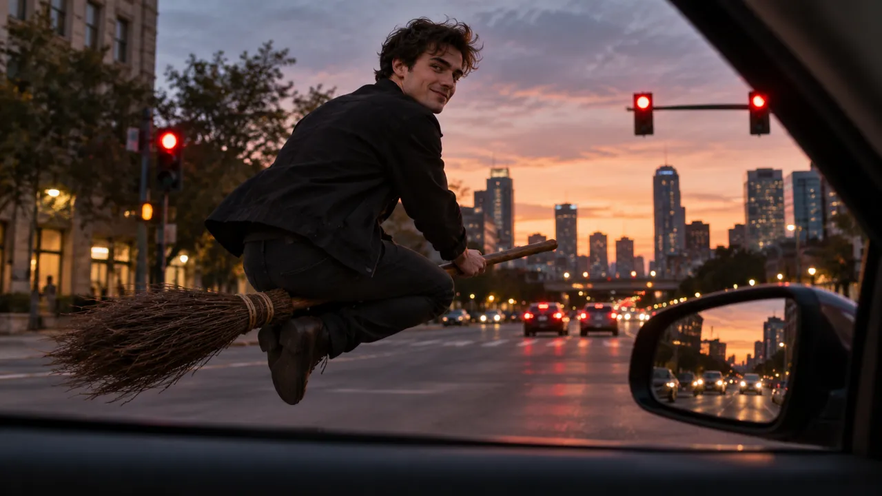 AI-generated illustration: seen from a car's passenger seat at dusk, a young man in a black jacket rides a broom just outside the window at a red light and looks back at the camera
