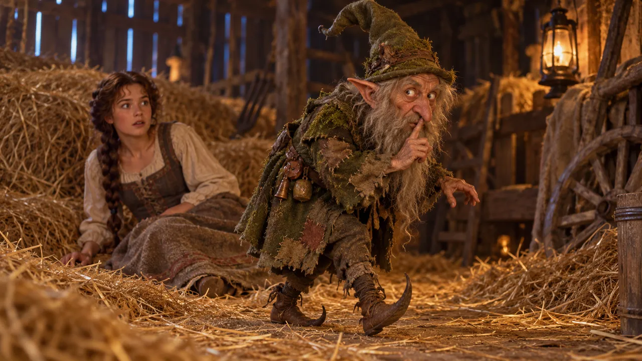 AI-generated illustration: in a lantern-lit straw barn with a 1980s fantasy film look, a bearded fairy-tale imp in a pointed hat tiptoes with a finger to his lips while a young woman with a braid sits in the straw behind him
