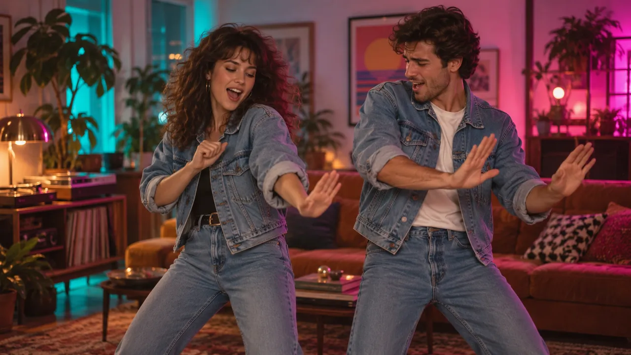 AI-generated illustration: two friends in denim jackets do an expressive hand-gesture dance side by side in a living room lit in teal and pink