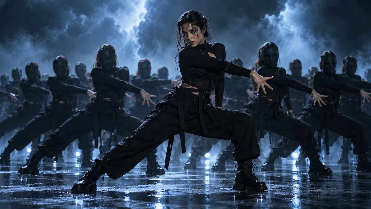 AI-generated illustration: a lead dancer in black strikes a low pose on a wet stage under stormy blue light, with rows of masked dancers in black moving behind her