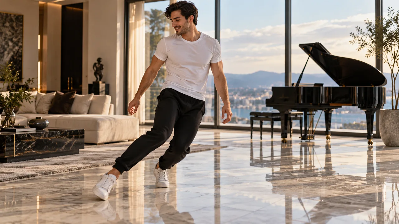 AI-generated illustration: a fictional man in a white tee and black joggers mid-slide on the polished floor of a luxury living room, with a black grand piano and tall windows behind him