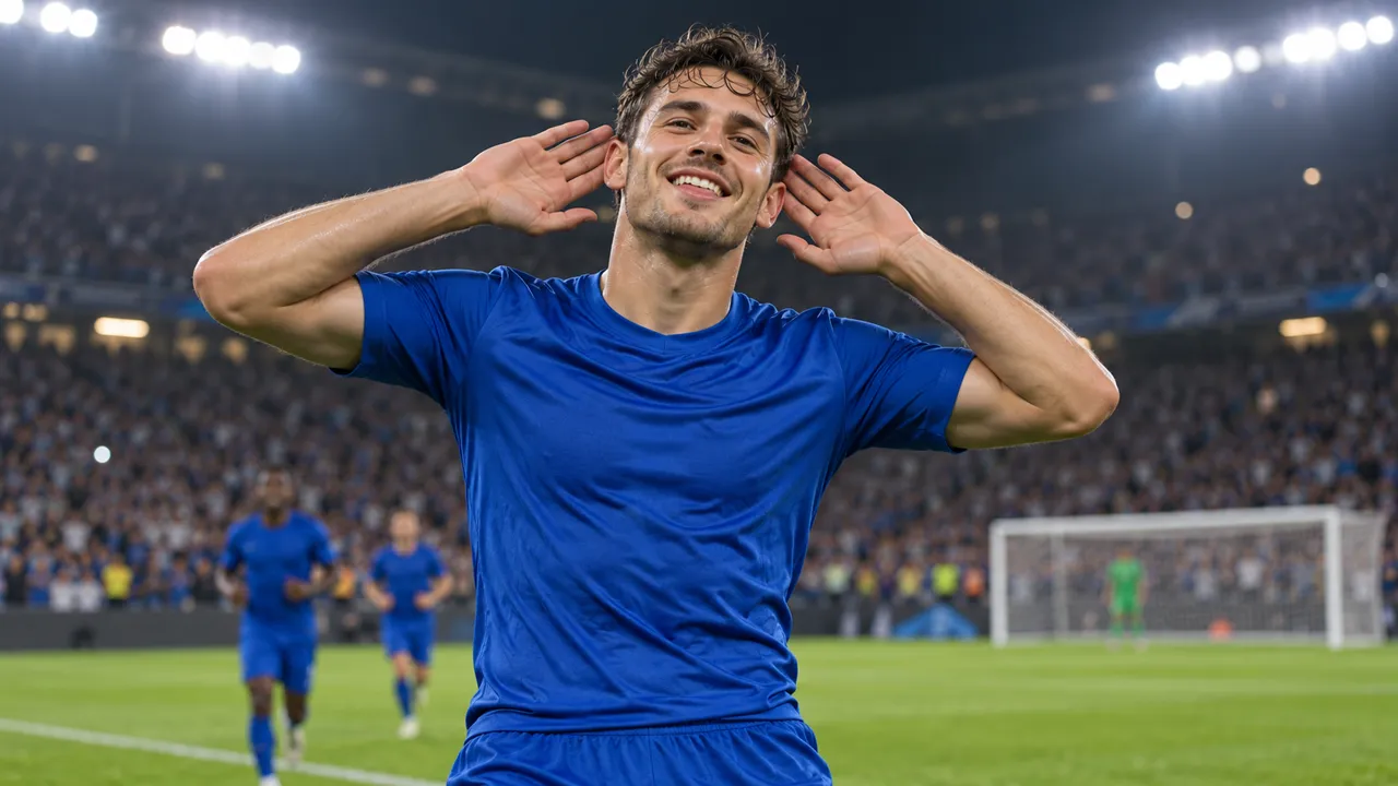 AI-generated illustration: a smiling football player in a plain blue kit cups his hands behind his ears in celebration on a floodlit pitch