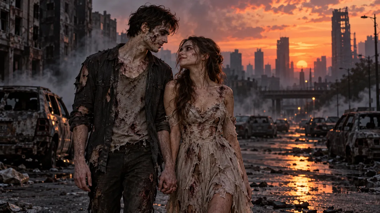 AI-generated illustration: a zombie couple in torn clothes hold hands and gaze at each other on a ruined city street at sunset